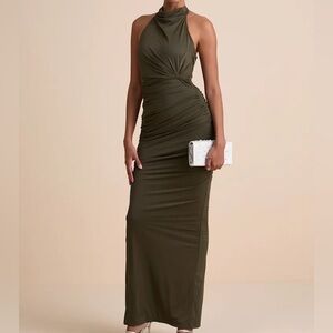 NWT Lulus Seraiah Olive Green Knotted Ruched Halter Maxi Dress